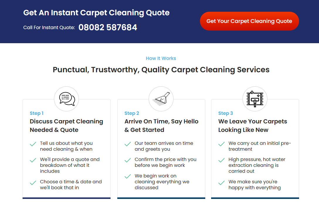 Instant carpet cleaning quotation and three-step service process