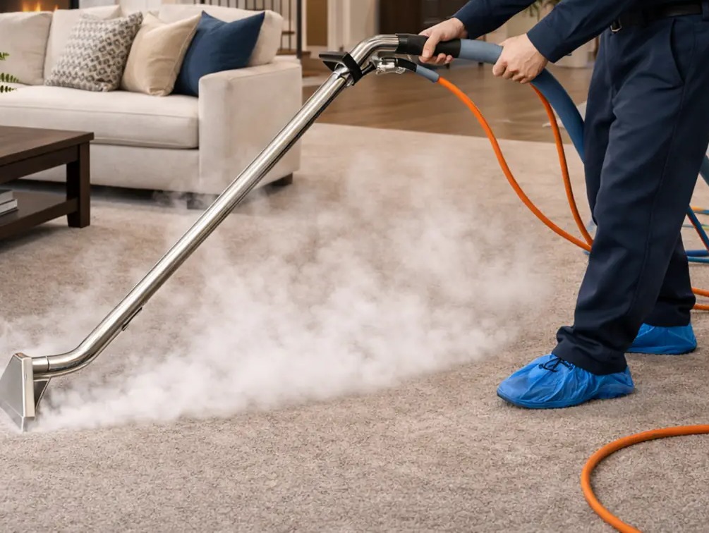 Hot water extraction wand cleaning carpet with no face visible