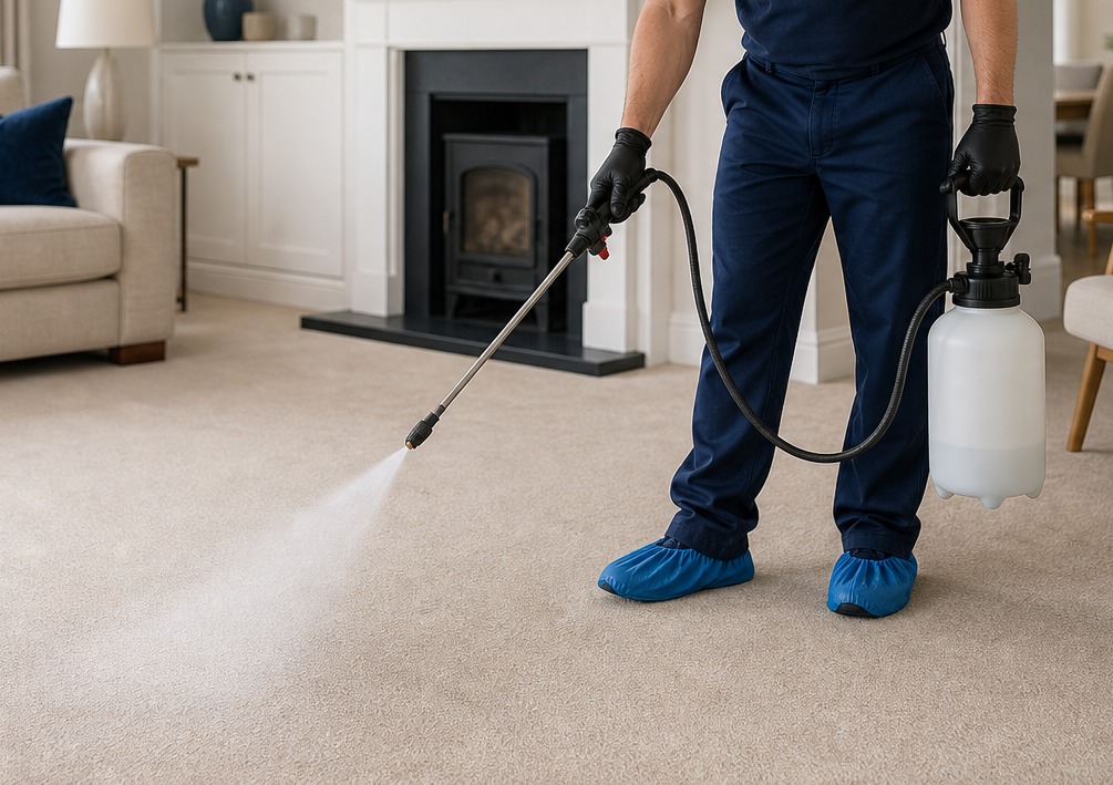 Professional pre spray being applied to carpet with no face visible