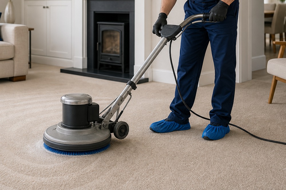 Rotary bonnet machine scrubbing carpet with no face visible
