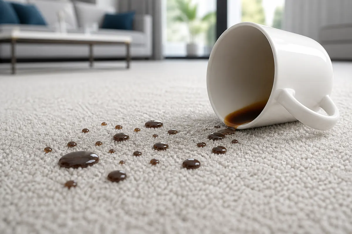 Coffee droplets beading on protected carpet fibres
